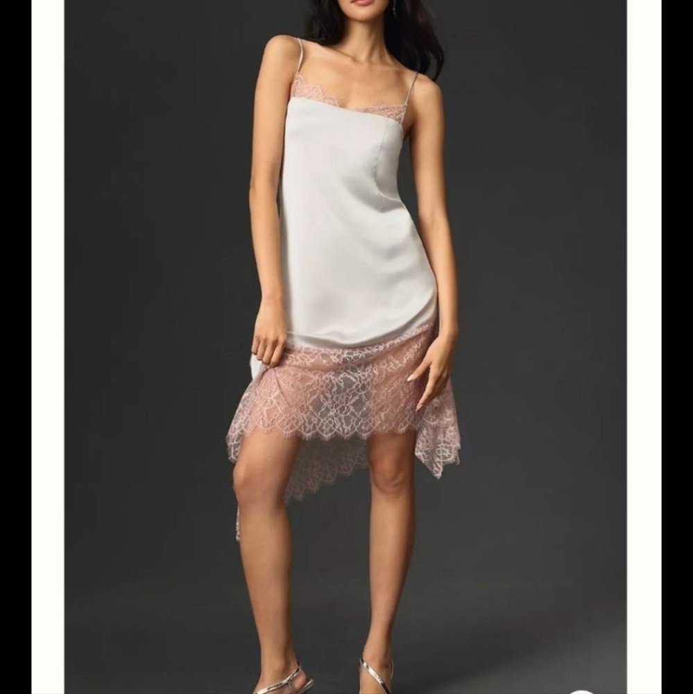 Anthropologie silky silver dress with asymmetrical soft rose lace hem
